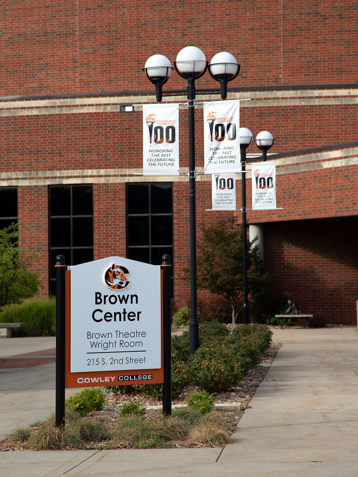 commemorative banners hanging in front of the Brown Center