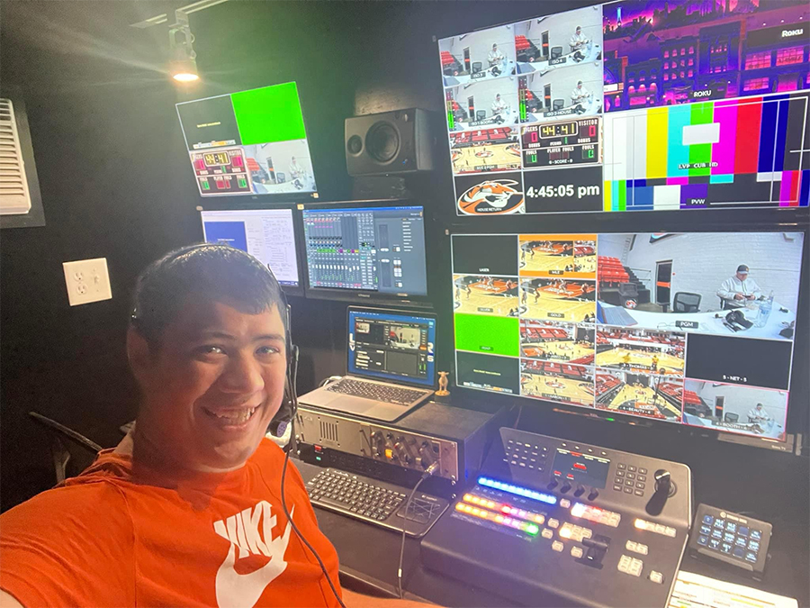 student Andrew selfie in production truck