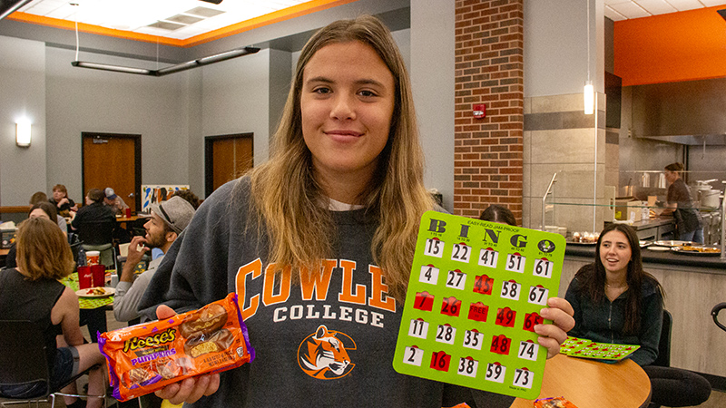 cowley college student wins candy bag at bingo night