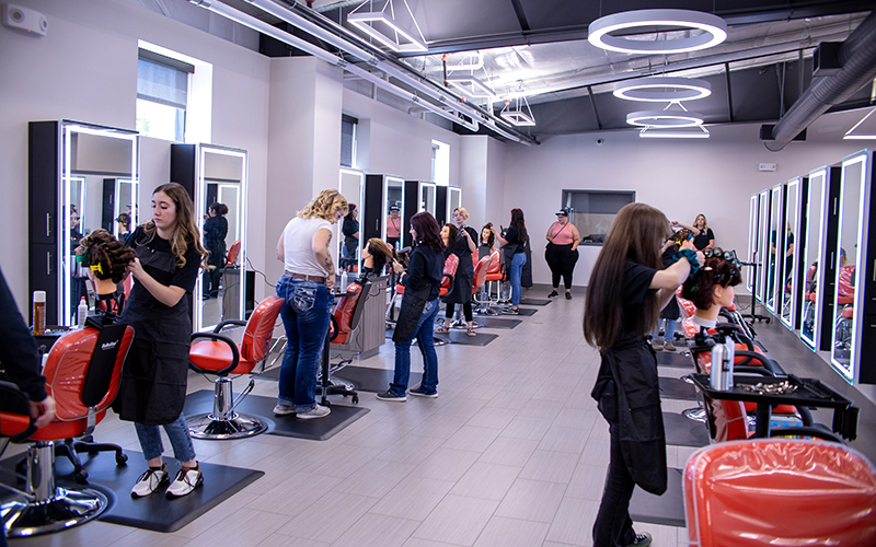 cosmetology students in training session